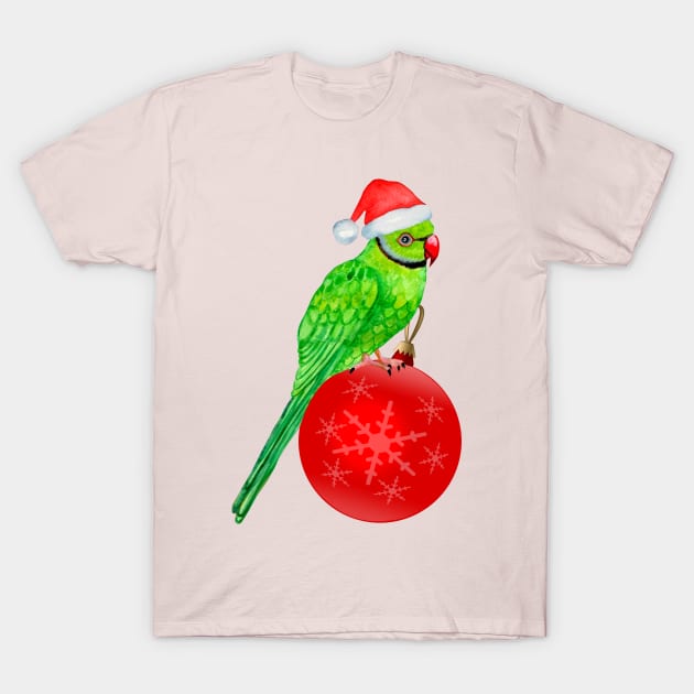 Cute Christmas Ringneck Parrot in Santa Hat for Bird Lover T-Shirt by IvyLilyArt